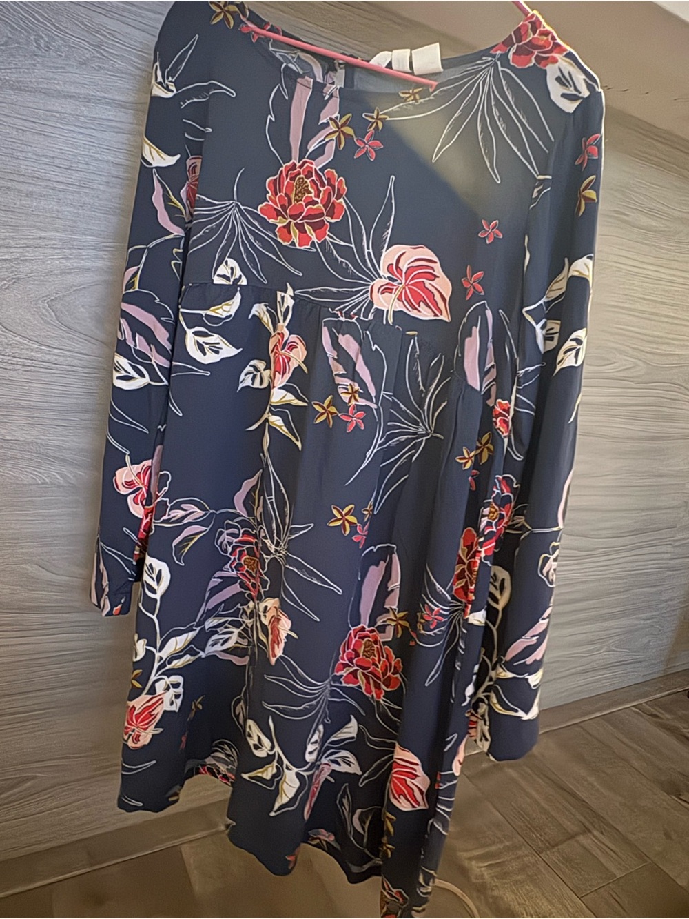 Roxy Navy Floral Long-Sleeve Casual Dress with Pink & Red Accents